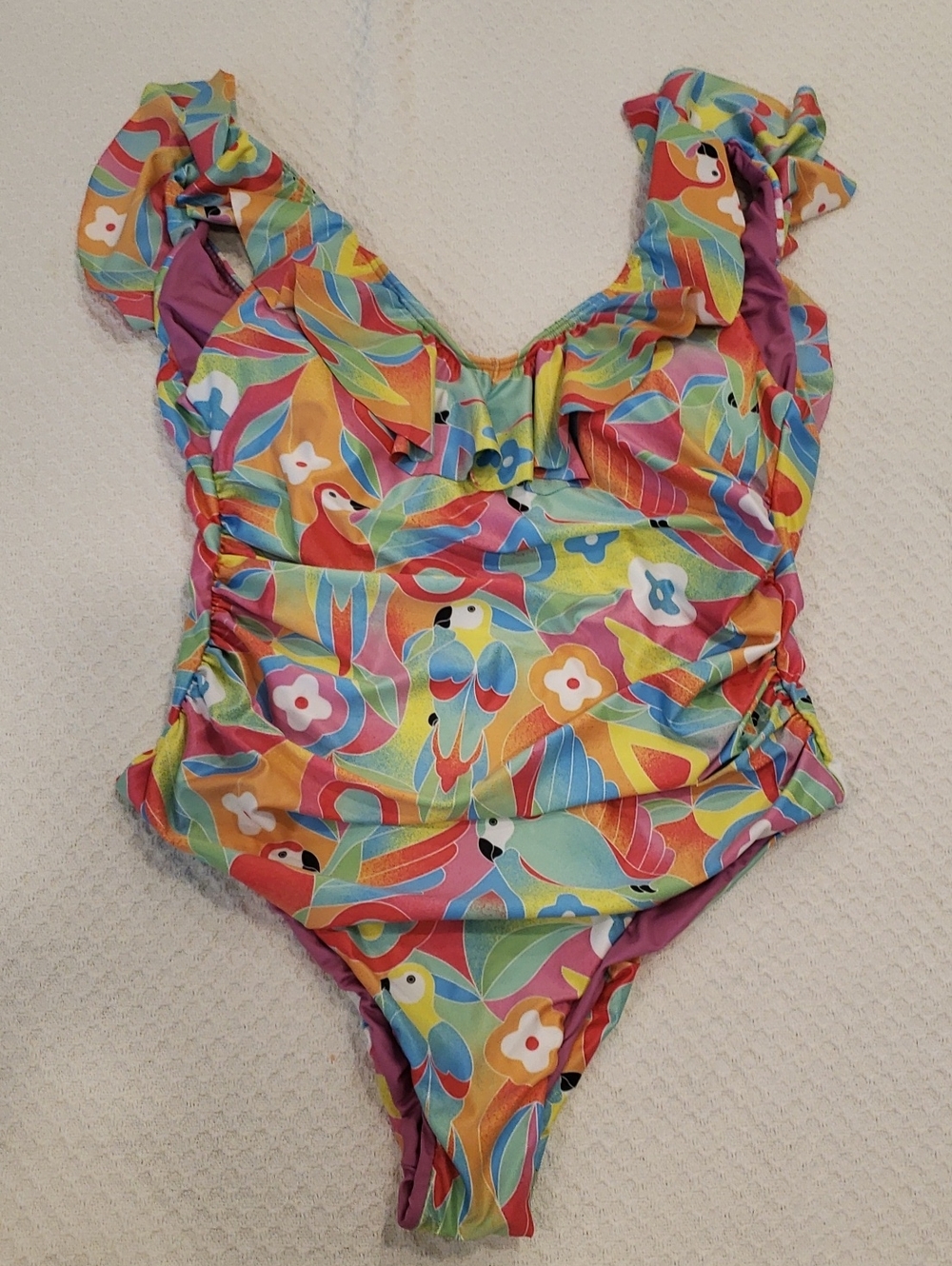 Women Multicolor Parrot Print One-Piece Swimsuit, Size M